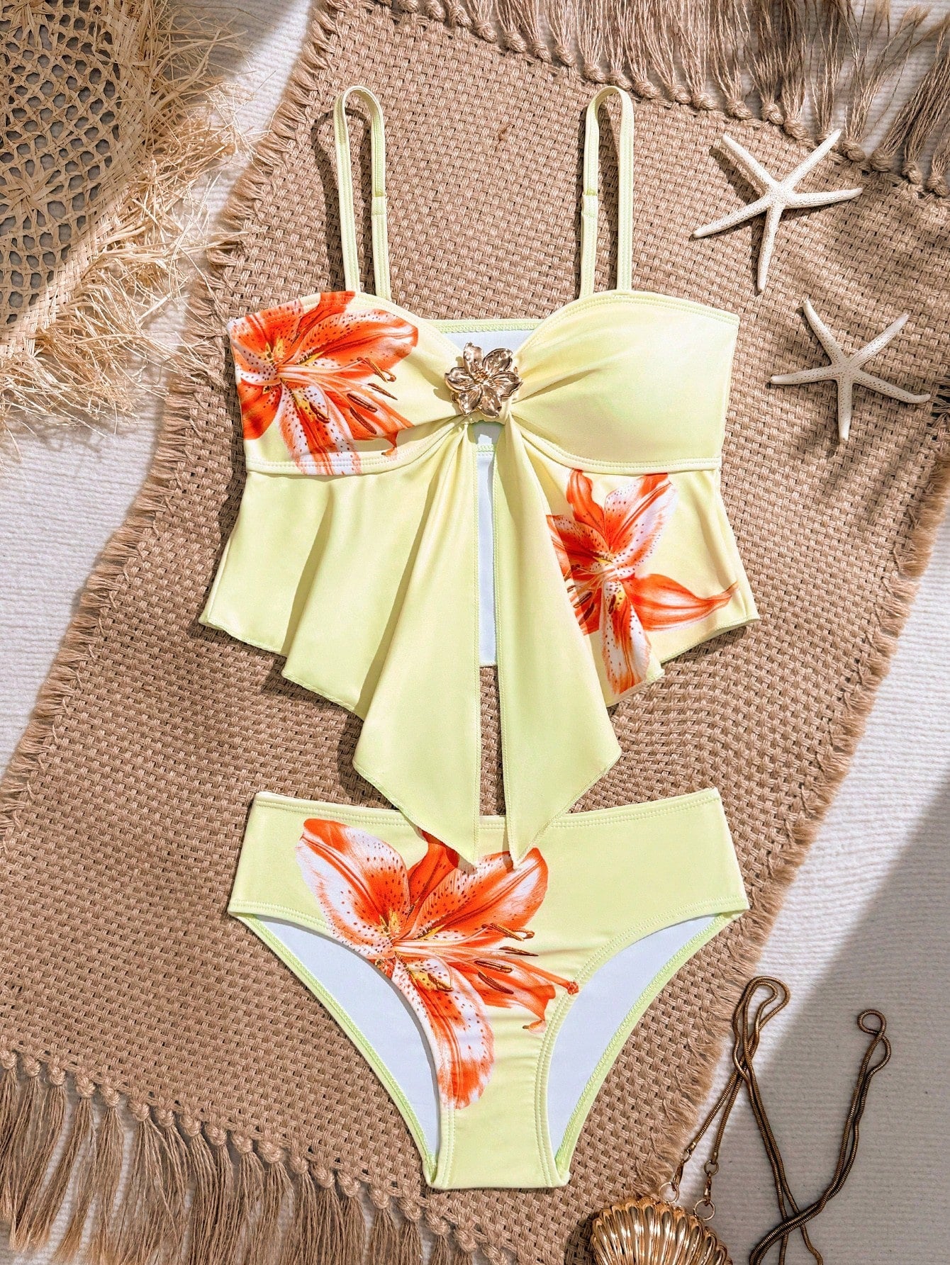 Tween girls two-piece tankini swimwear set with spaghetti straps, asymmetrical design, and 3D rose detail. Features a plant-pattern top and mid-waist bottoms in stretchy fabric for beach or pool wear.