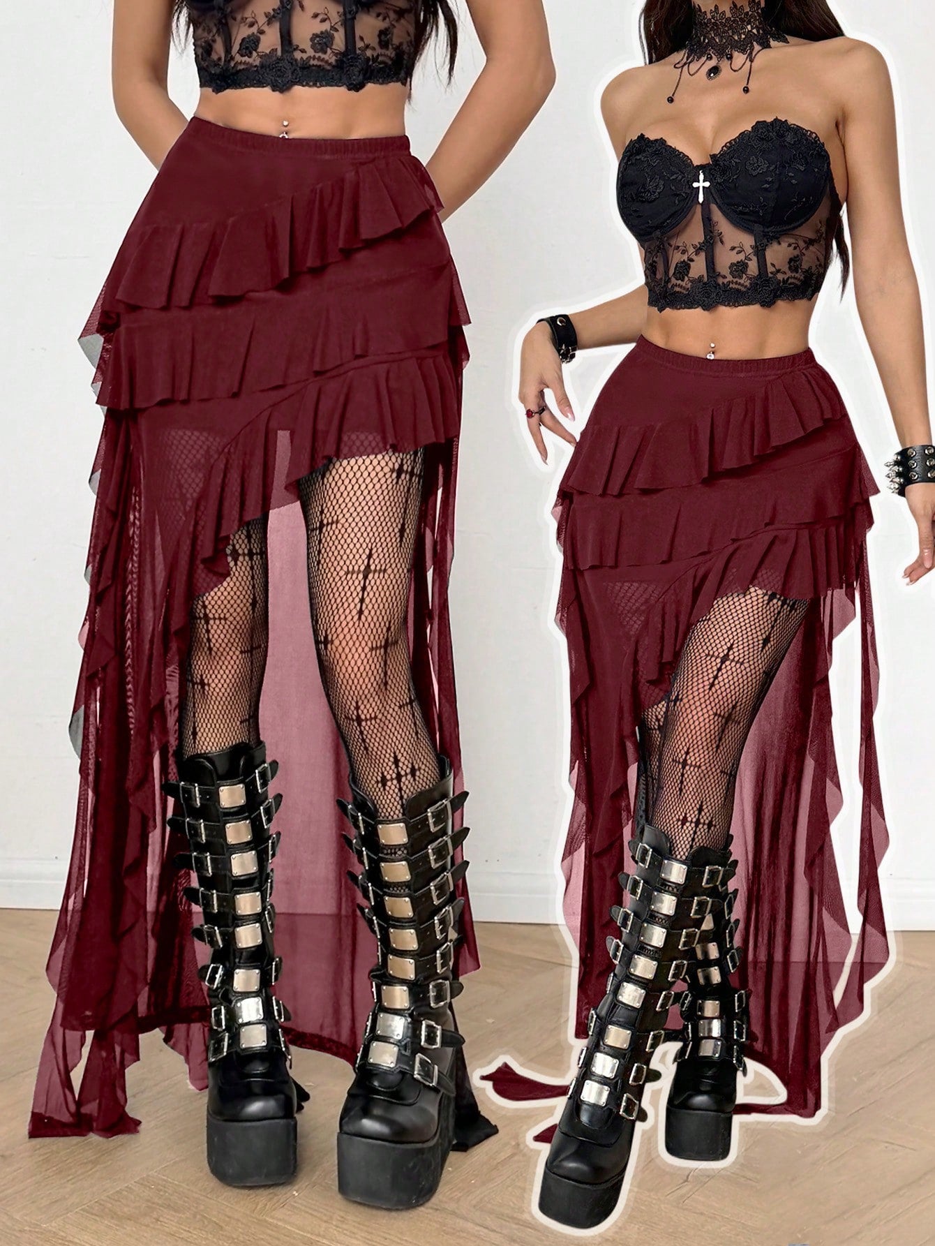 Women's black asymmetrical long skirt with ruffle hem and low waist design in knitted fabric.