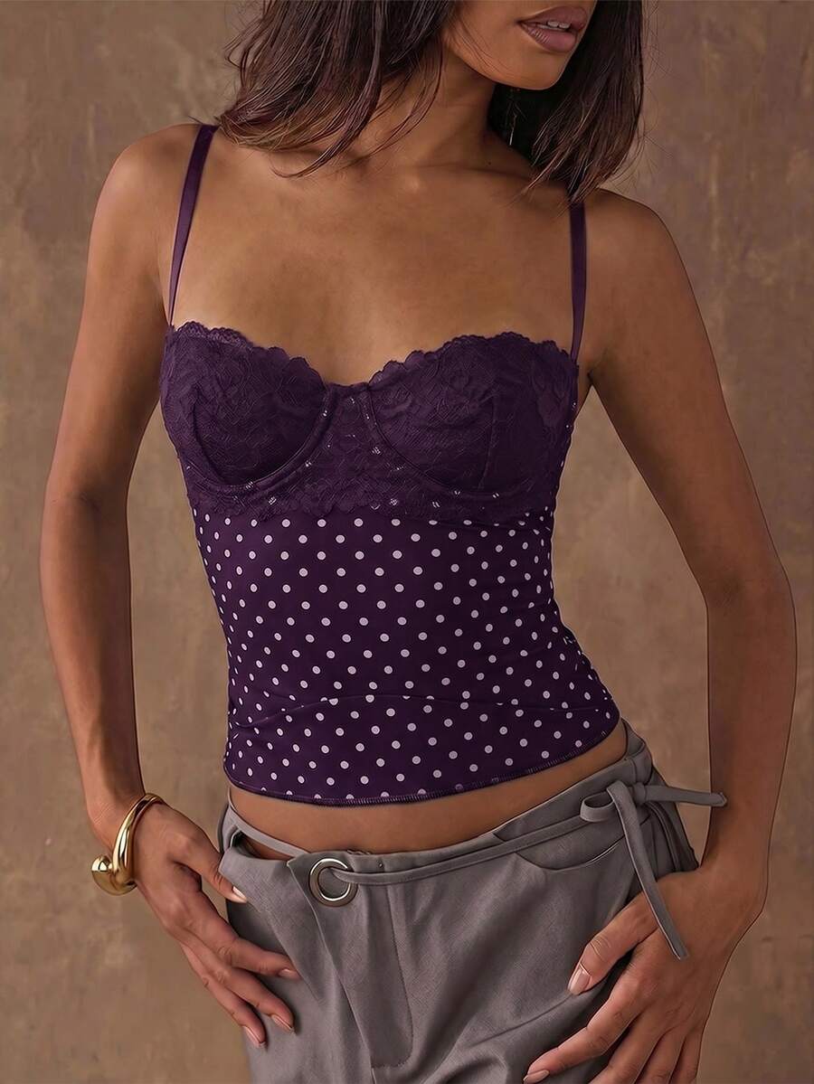 Women's black contrast lace camisole with spaghetti straps, cup detail, semi-sheer finish, and slim fit for going out or date night.