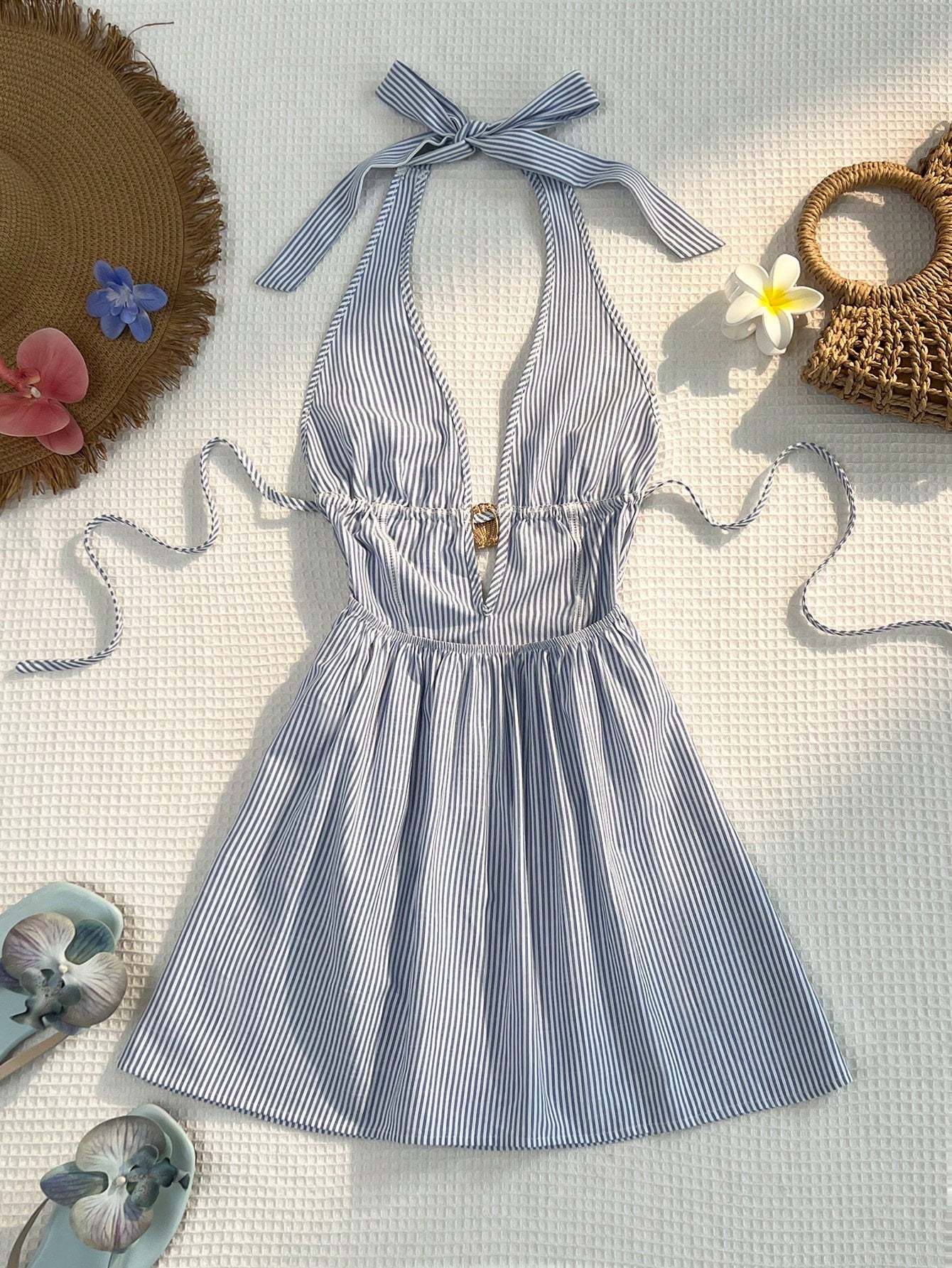 Women Blue And White Stripe Bamboo Fiber Deep V Halter Backless Tie Waist A-Line Mini Dress,Summer Casual Holiday Vacation Holiday Metal Shell Decor
