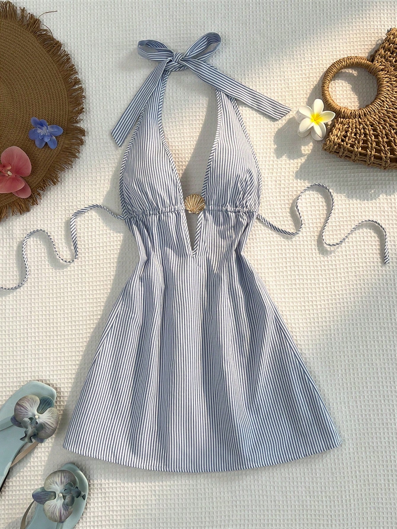 Women Blue And White Stripe Bamboo Fiber Deep V Halter Backless Tie Waist A-Line Mini Dress,Summer Casual Holiday Vacation Holiday Metal Shell Decor