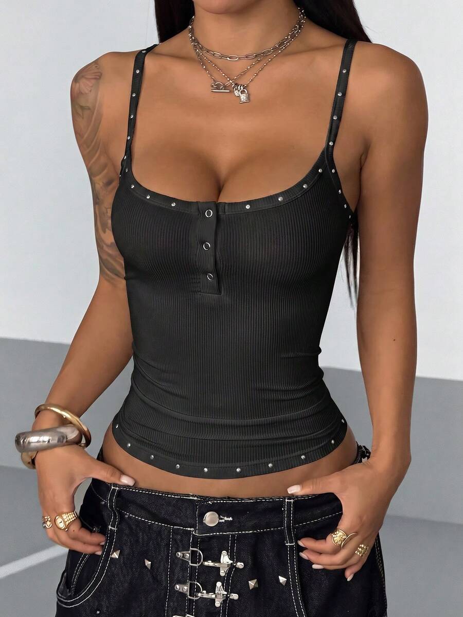Women's black ribbed henley cami top featuring spaghetti straps, front button detail, and a slim fit cut.