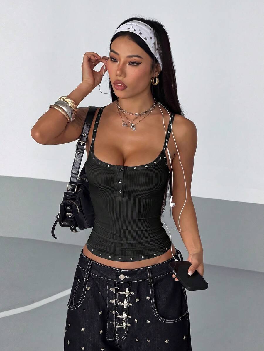 Women's black ribbed henley cami top featuring spaghetti straps, front button detail, and a slim fit cut.