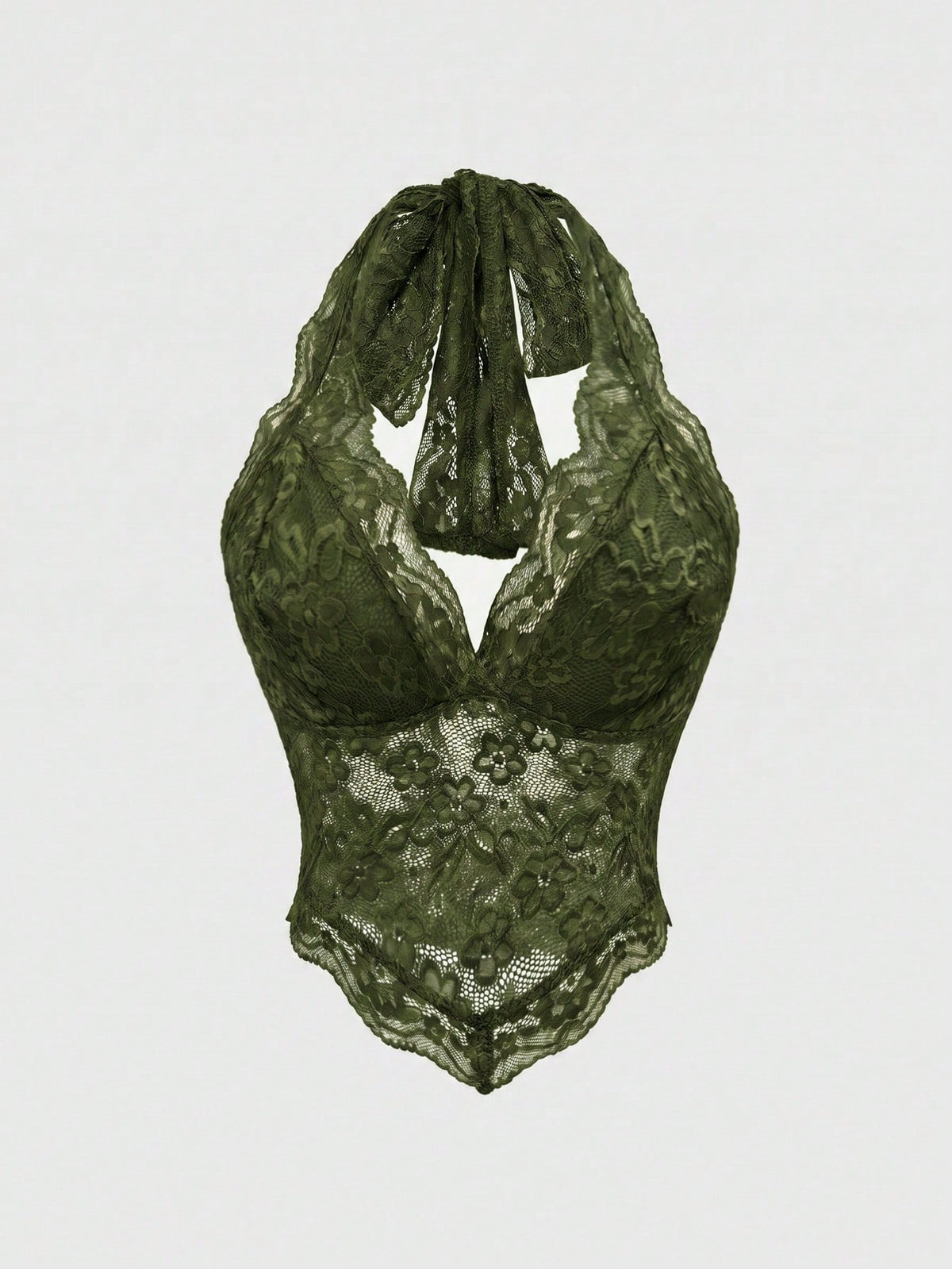 Women's black lace halter neck camisole featuring a backless crop silhouette, contrast lace trim, and scallop hem.