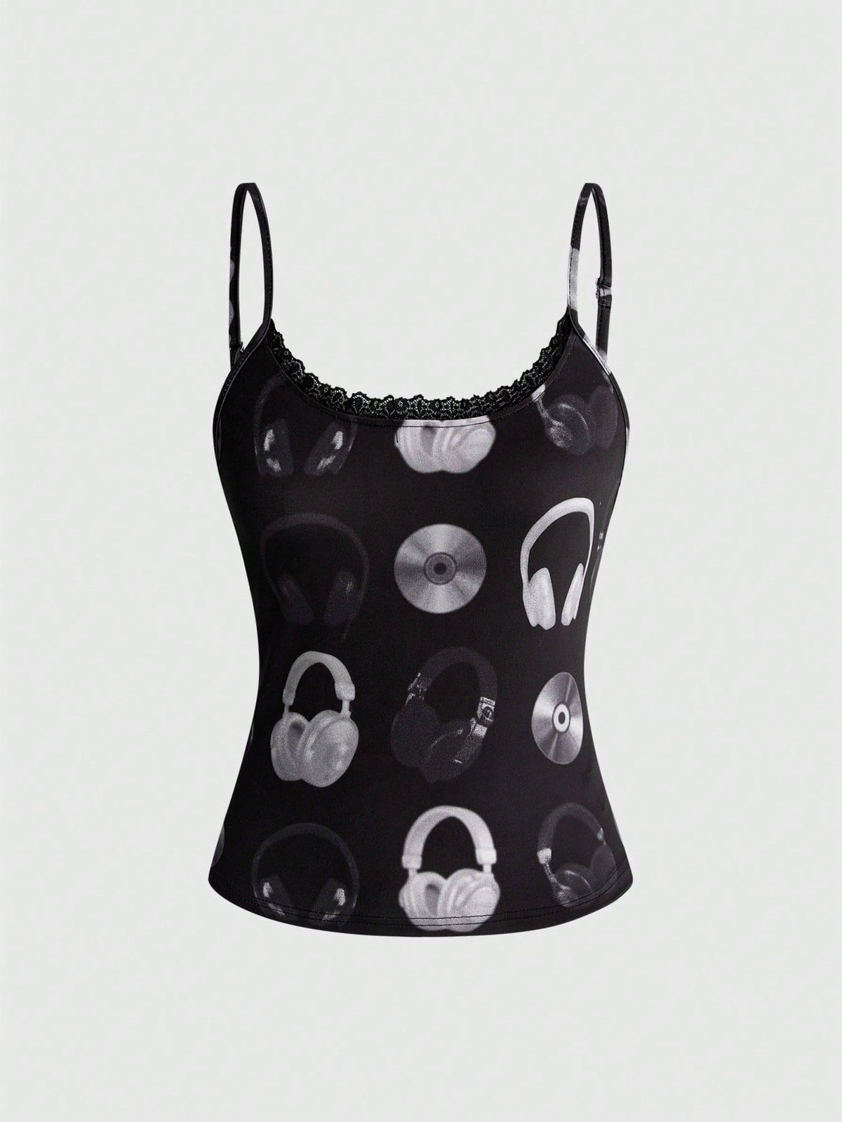 Women's black slim fit spaghetti strap cami top featuring contrast lace trim