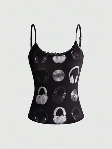 Women's black slim fit spaghetti strap cami top featuring contrast lace trim