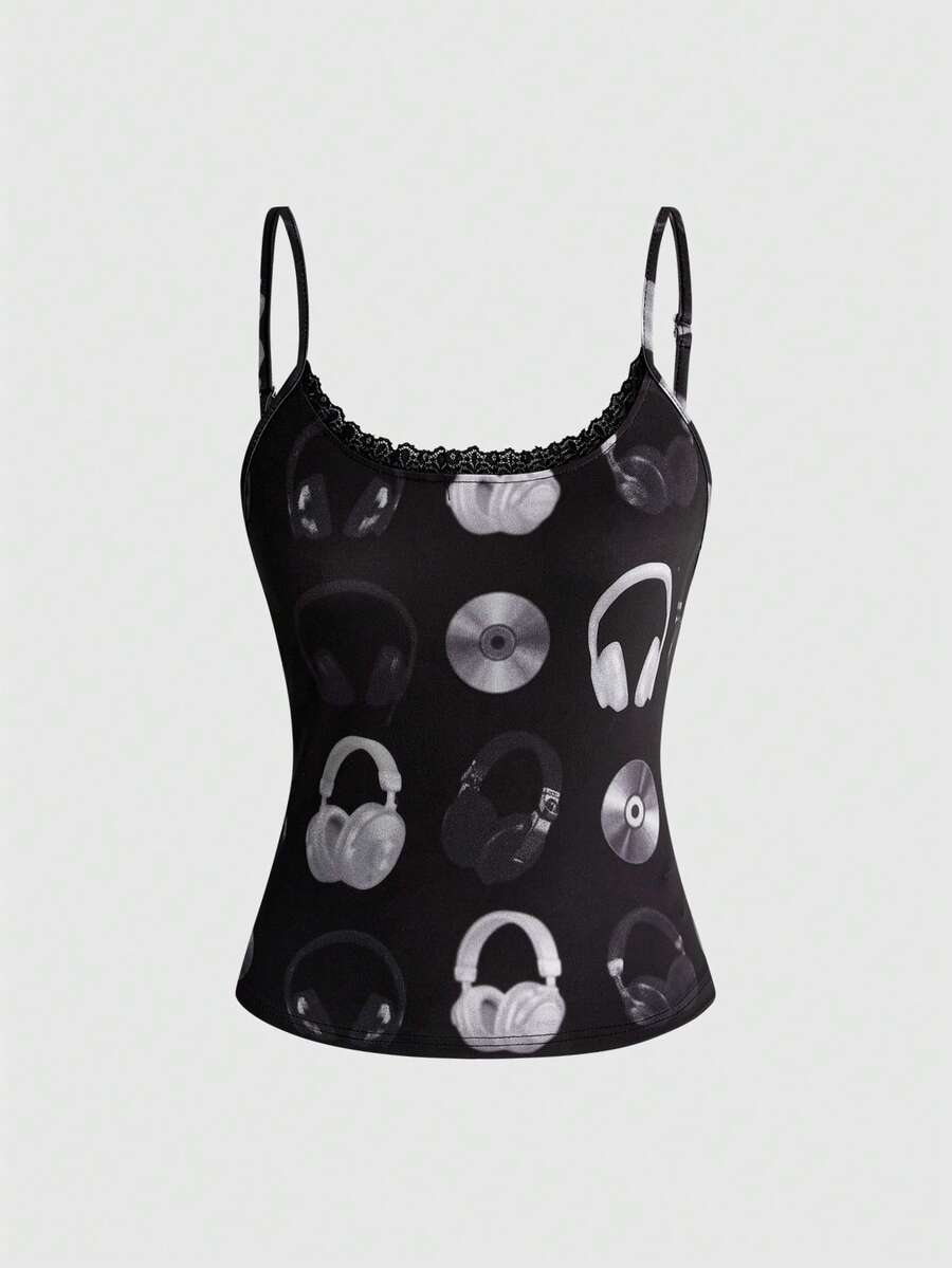 Women's black slim fit spaghetti strap cami top featuring contrast lace trim