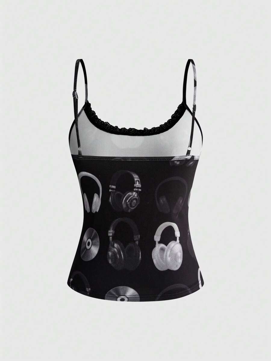 Women's black slim fit spaghetti strap cami top featuring contrast lace trim
