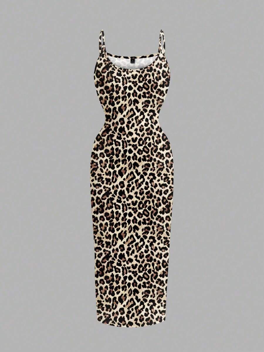 Women's minimalist floral daisy print bodycon cami dress with spaghetti straps, backless cut, high waist, and split thigh slit.