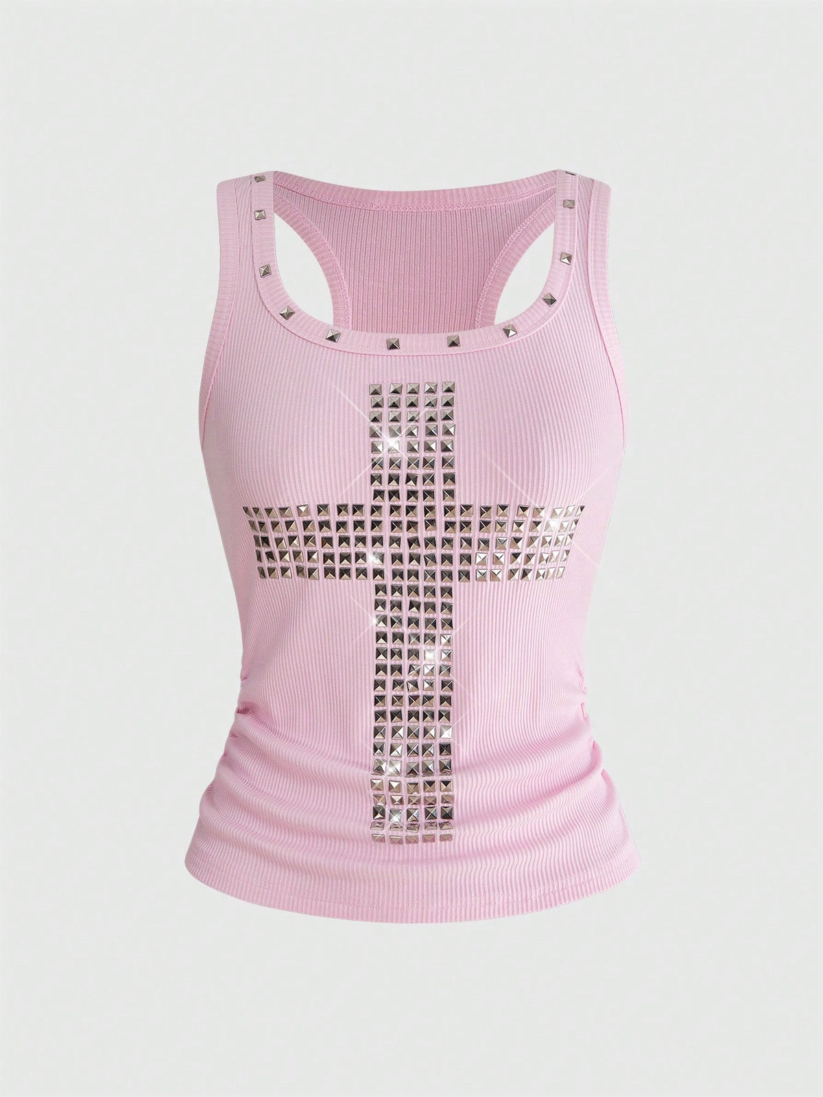 Women's black slim fit tank top featuring a starry sky rivet print and square neckline.