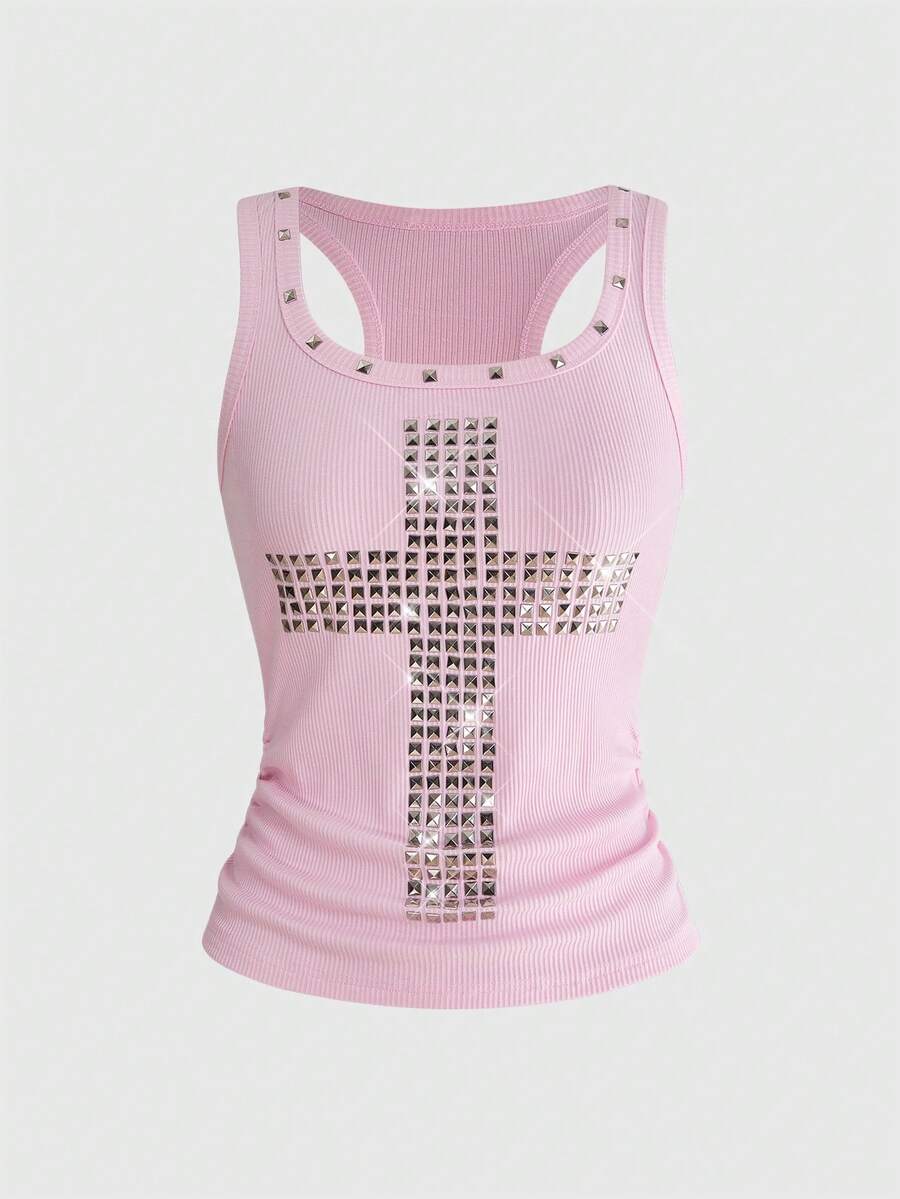 Women's black slim fit tank top featuring a starry sky rivet print and square neckline.