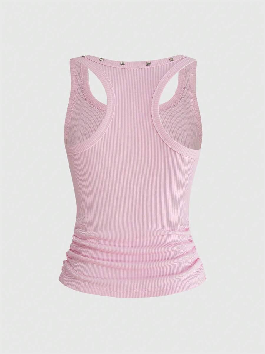 Women's black slim fit tank top featuring a starry sky rivet print and square neckline.
