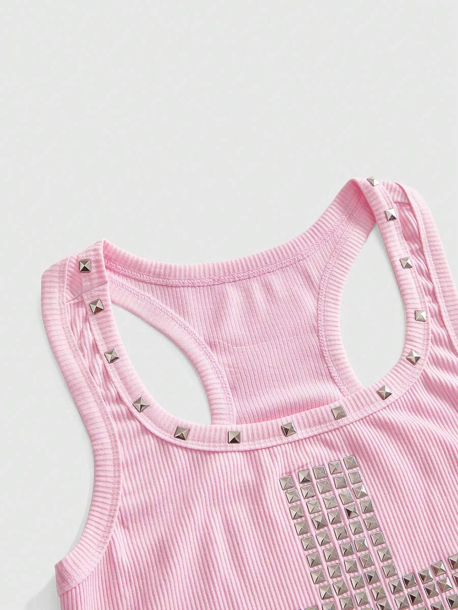 Women's black slim fit tank top featuring a starry sky rivet print and square neckline.