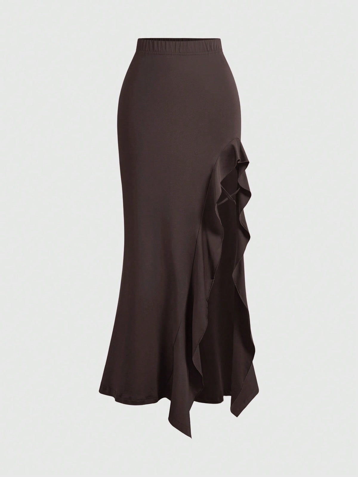 Women's ruffled slit hem skirt in black with criss-cross details, split thigh, skinny mermaid fit, and mid-waist style.