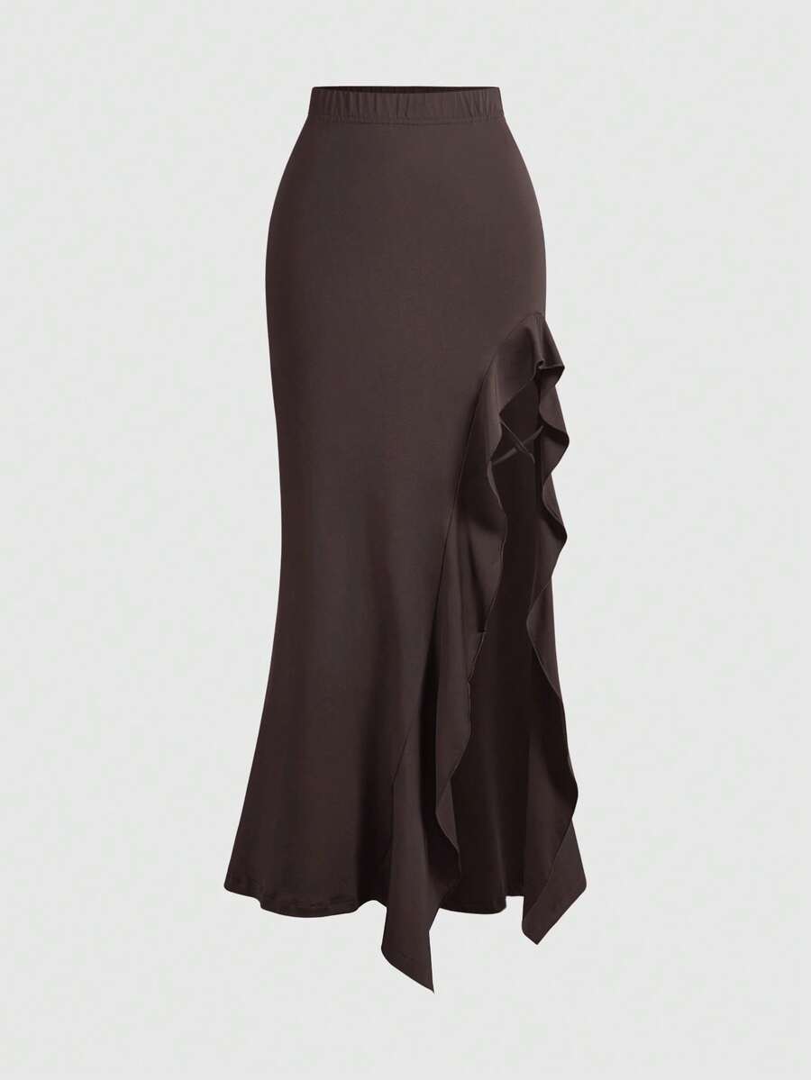 Women's ruffled slit hem skirt in black with criss-cross details, split thigh, skinny mermaid fit, and mid-waist style.