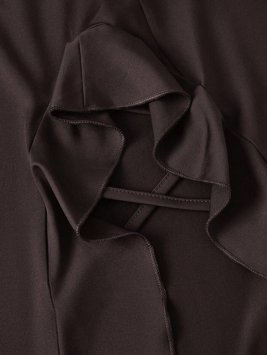 Women's ruffled slit hem skirt in black with criss-cross details, split thigh, skinny mermaid fit, and mid-waist style.