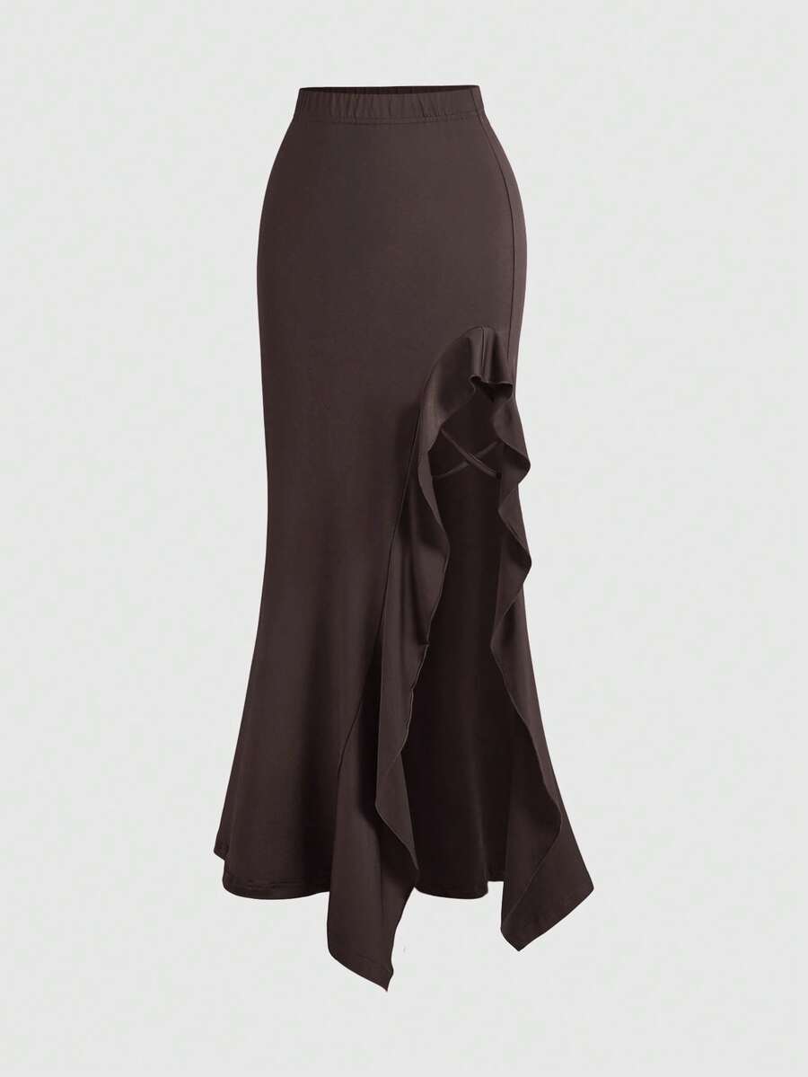Women's ruffled slit hem skirt in black with criss-cross details, split thigh, skinny mermaid fit, and mid-waist style.