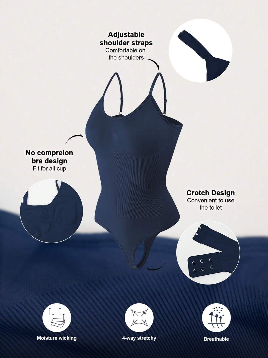 Brown seamless shapewear bodysuit featuring backless design, thong bottom, non-removable padding, and high-stretch fabric for tummy and waist control.