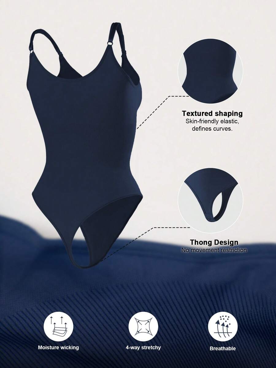 Brown seamless shapewear bodysuit featuring backless design, thong bottom, non-removable padding, and high-stretch fabric for tummy and waist control.