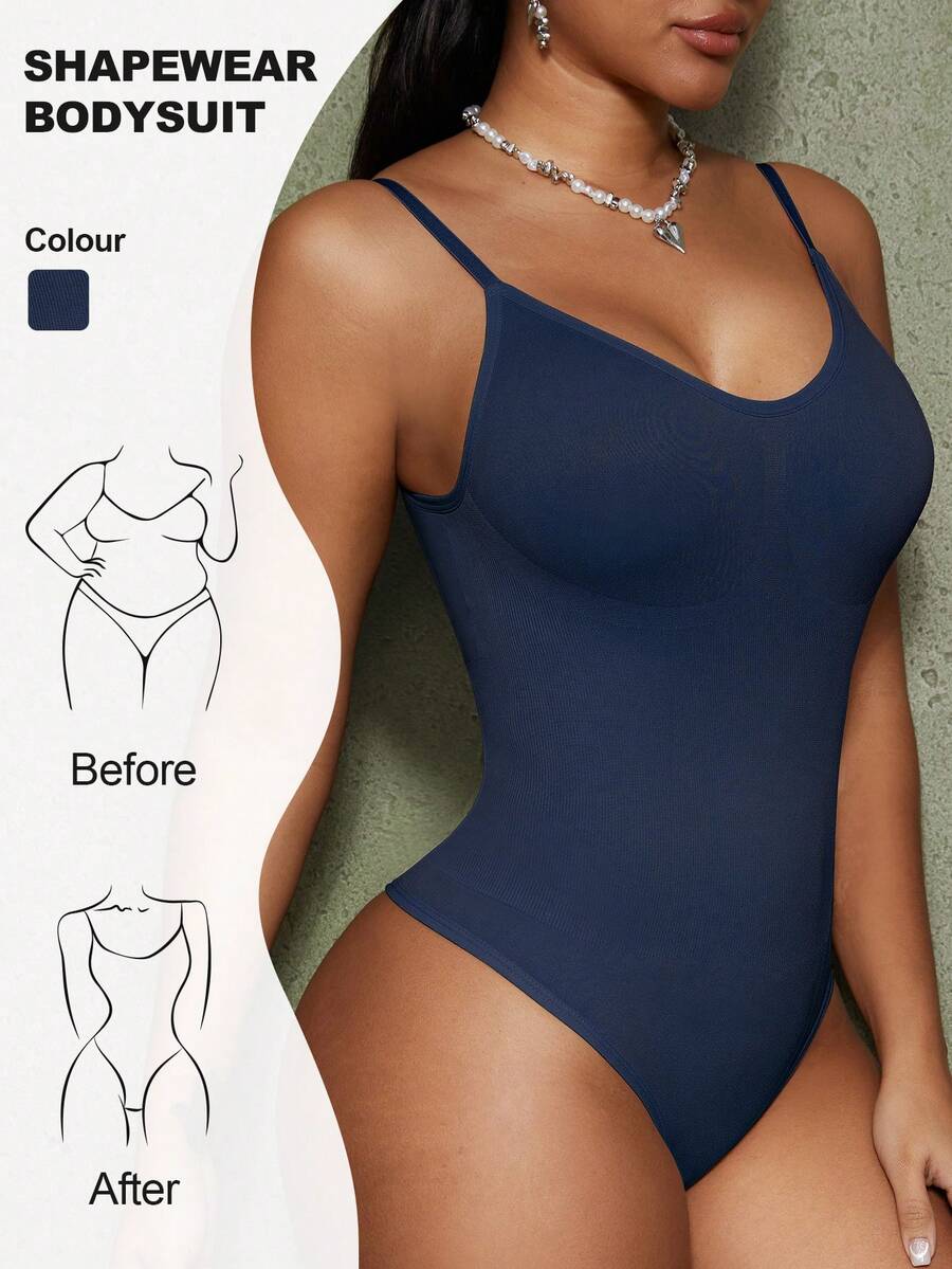 Brown seamless shapewear bodysuit featuring backless design, thong bottom, non-removable padding, and high-stretch fabric for tummy and waist control.