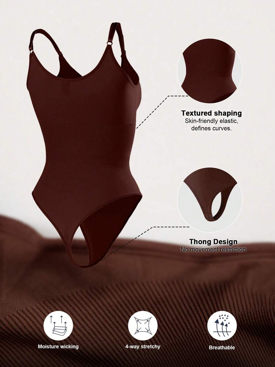 Brown seamless shapewear bodysuit featuring backless design, thong bottom, non-removable padding, and high-stretch fabric for tummy and waist control.