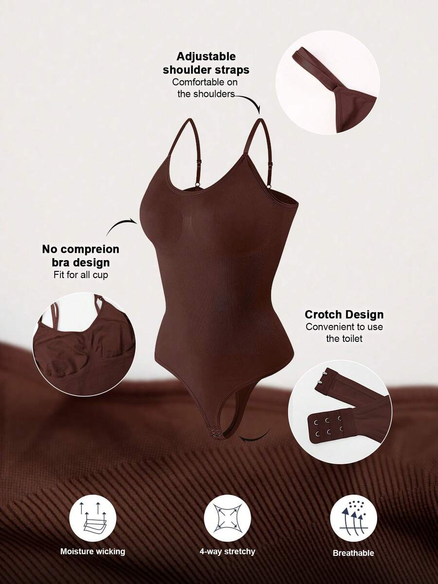 Brown seamless shapewear bodysuit featuring backless design, thong bottom, non-removable padding, and high-stretch fabric for tummy and waist control.