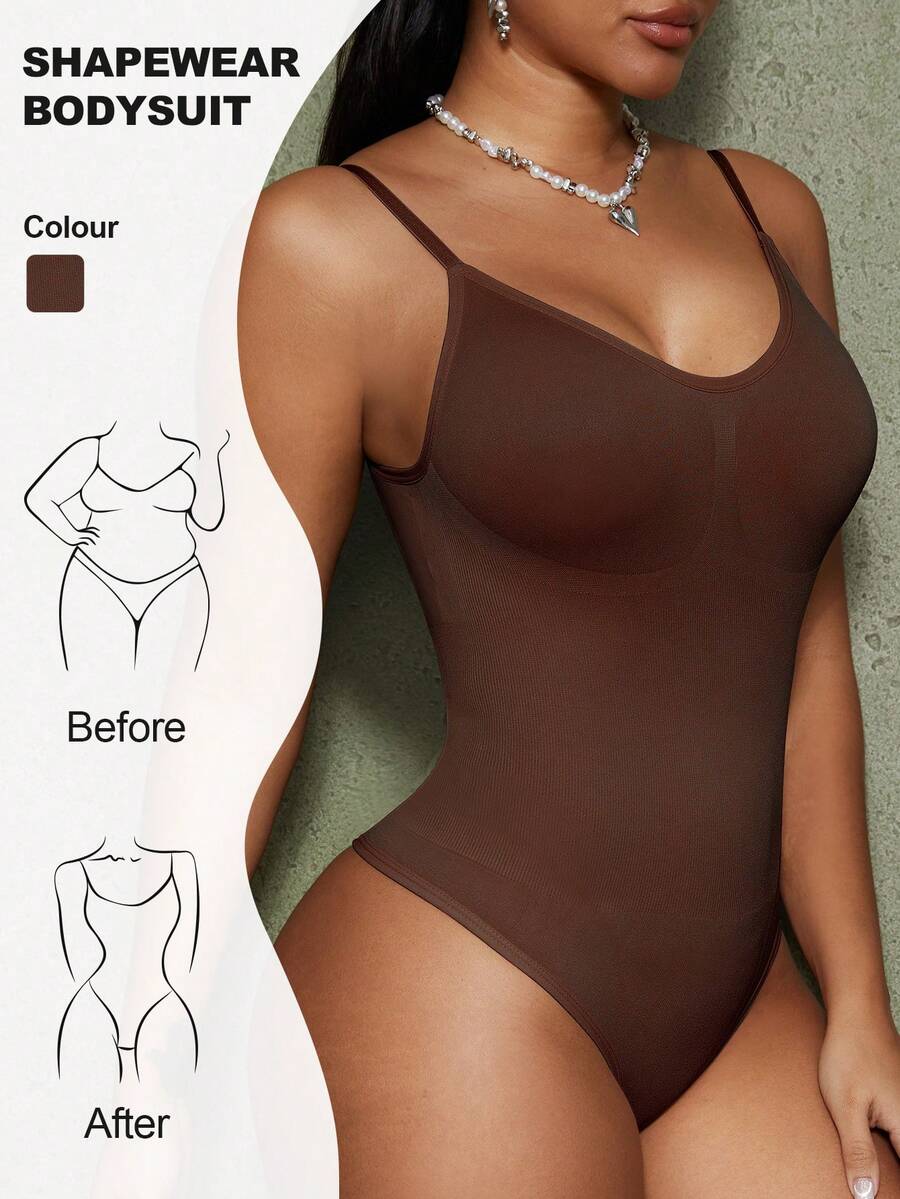Brown seamless shapewear bodysuit featuring backless design, thong bottom, non-removable padding, and high-stretch fabric for tummy and waist control.