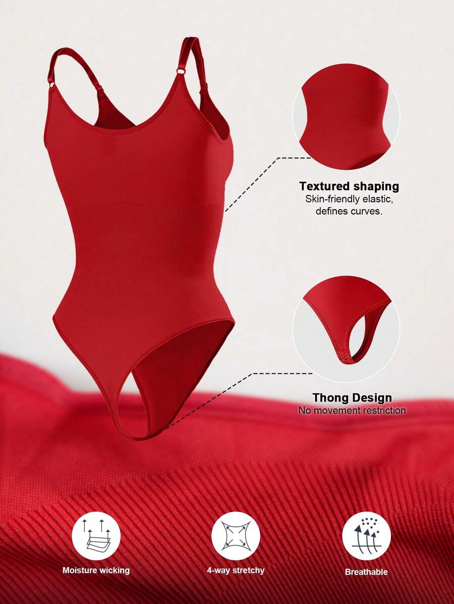 Brown seamless shapewear bodysuit featuring backless design, thong bottom, non-removable padding, and high-stretch fabric for tummy and waist control.