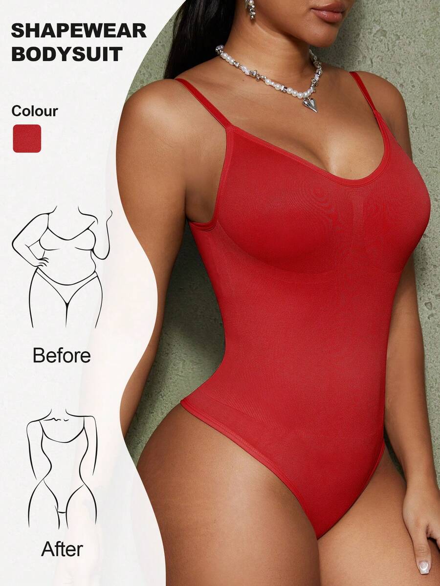 Brown seamless shapewear bodysuit featuring backless design, thong bottom, non-removable padding, and high-stretch fabric for tummy and waist control.