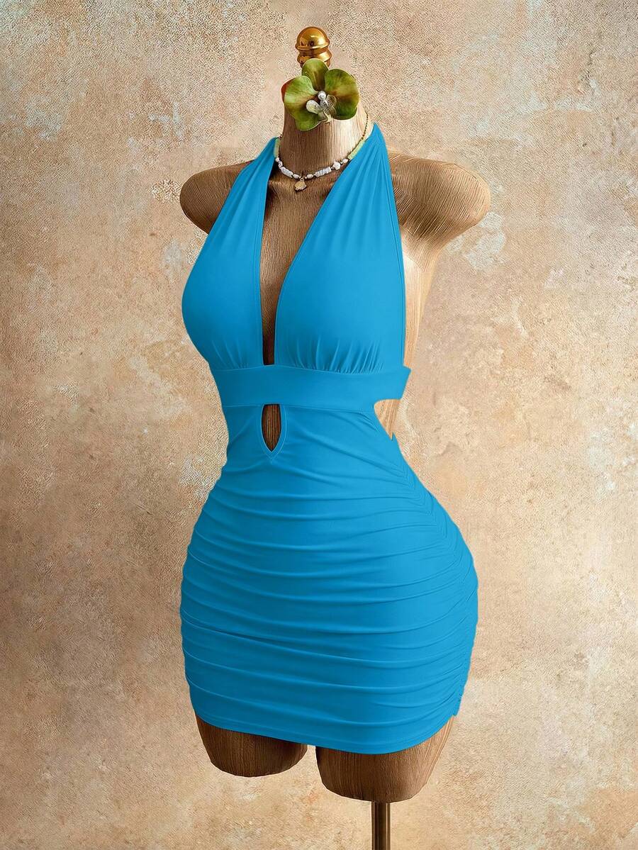 Sleeveless women's halter backless bodycon mini dress featuring lace-up knot back details and a high-waist pencil hem.