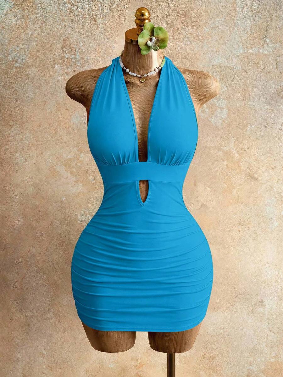 Sleeveless women's halter backless bodycon mini dress featuring lace-up knot back details and a high-waist pencil hem.
