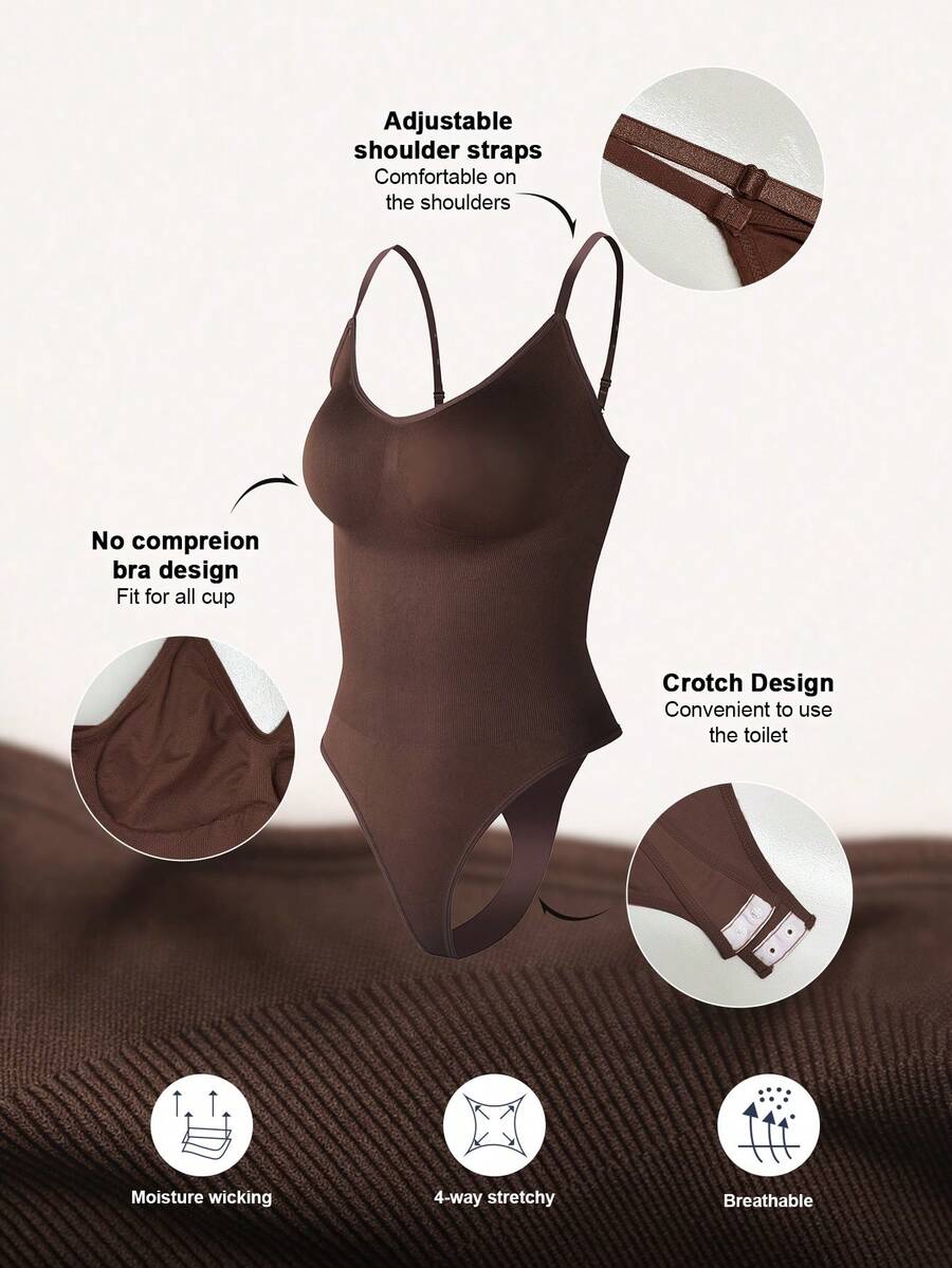 Brown seamless backless shaping bodysuit for women featuring a thong bottom and non-removable padding.