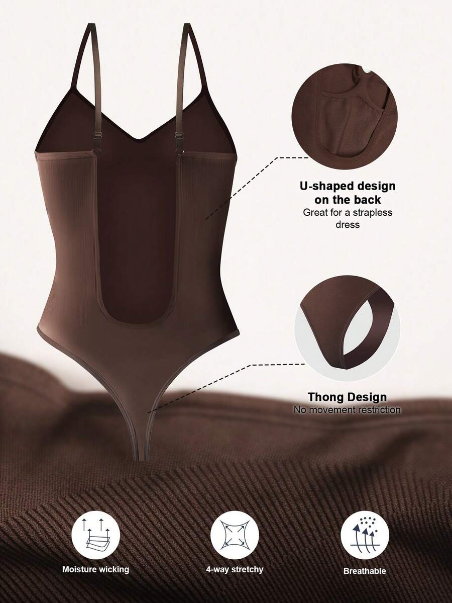 Brown seamless backless shaping bodysuit for women featuring a thong bottom and non-removable padding.