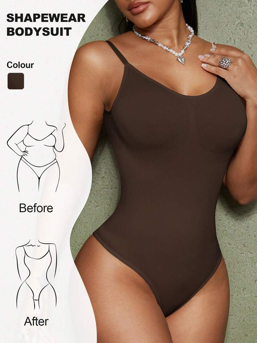 Brown seamless backless shaping bodysuit for women featuring a thong bottom and non-removable padding.