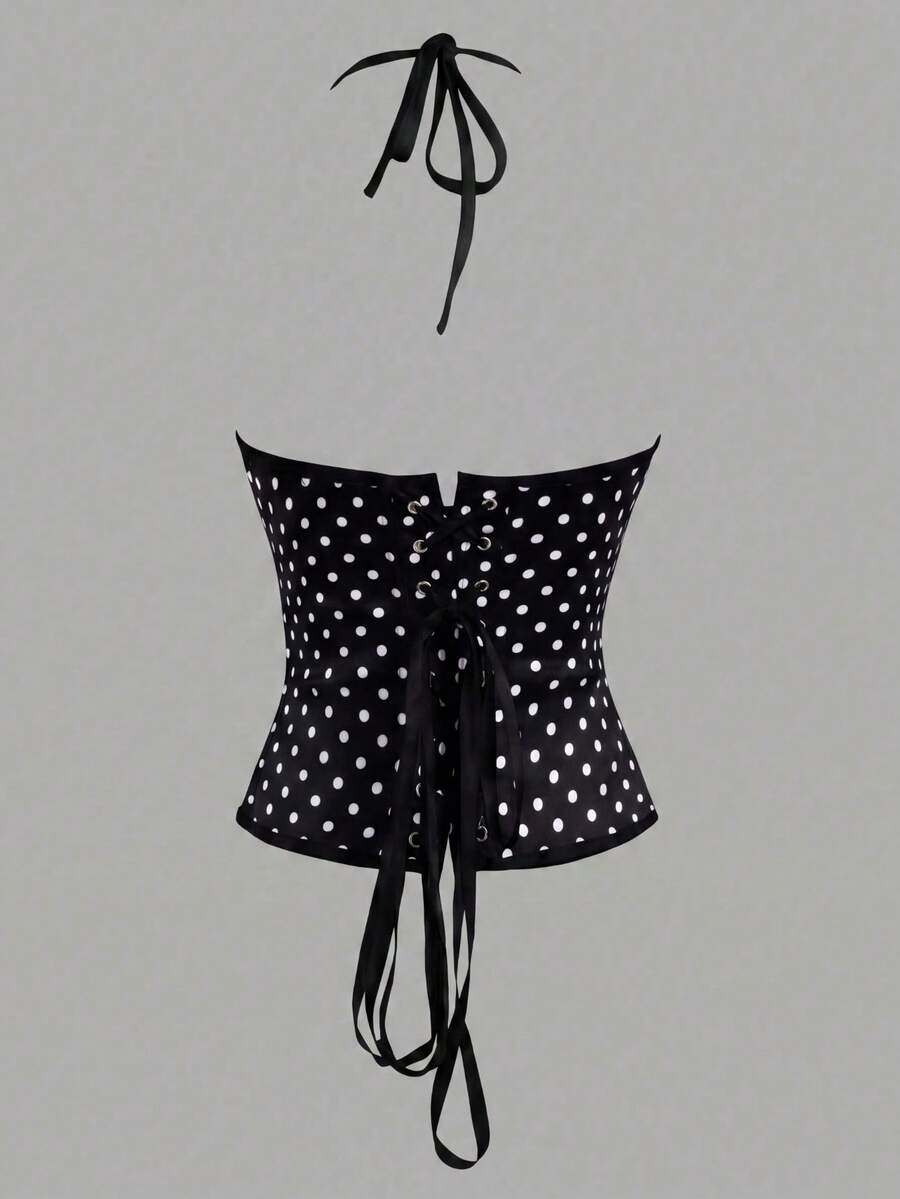Black satin corset camisole crop top for women with halter neckline, front hook closure, back lace-up detail, and boned waist shaping.