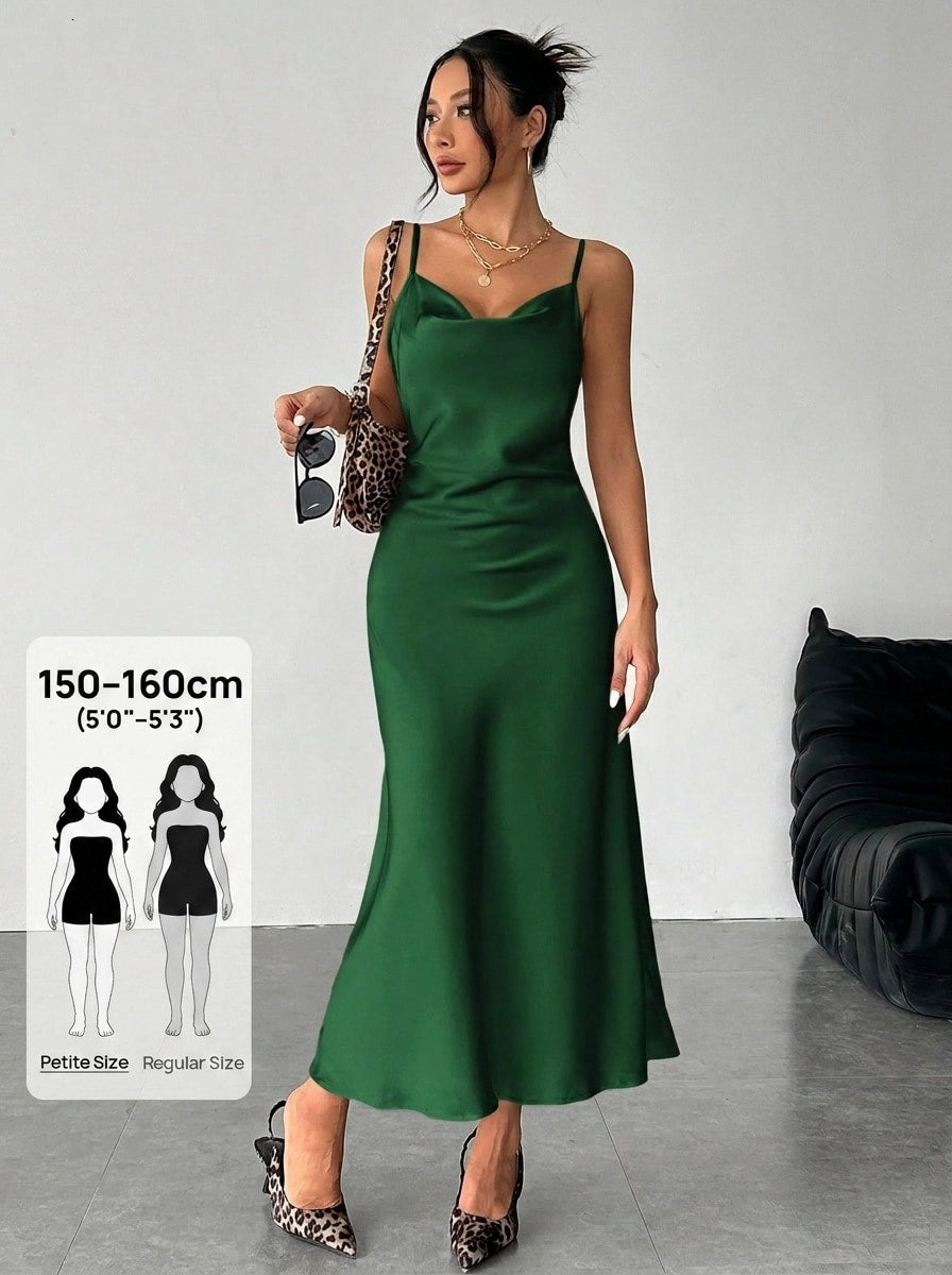 Women's long apricot satin cami dress featuring a draped swing collar, spaghetti straps, backless zipper back, and mermaid hem.