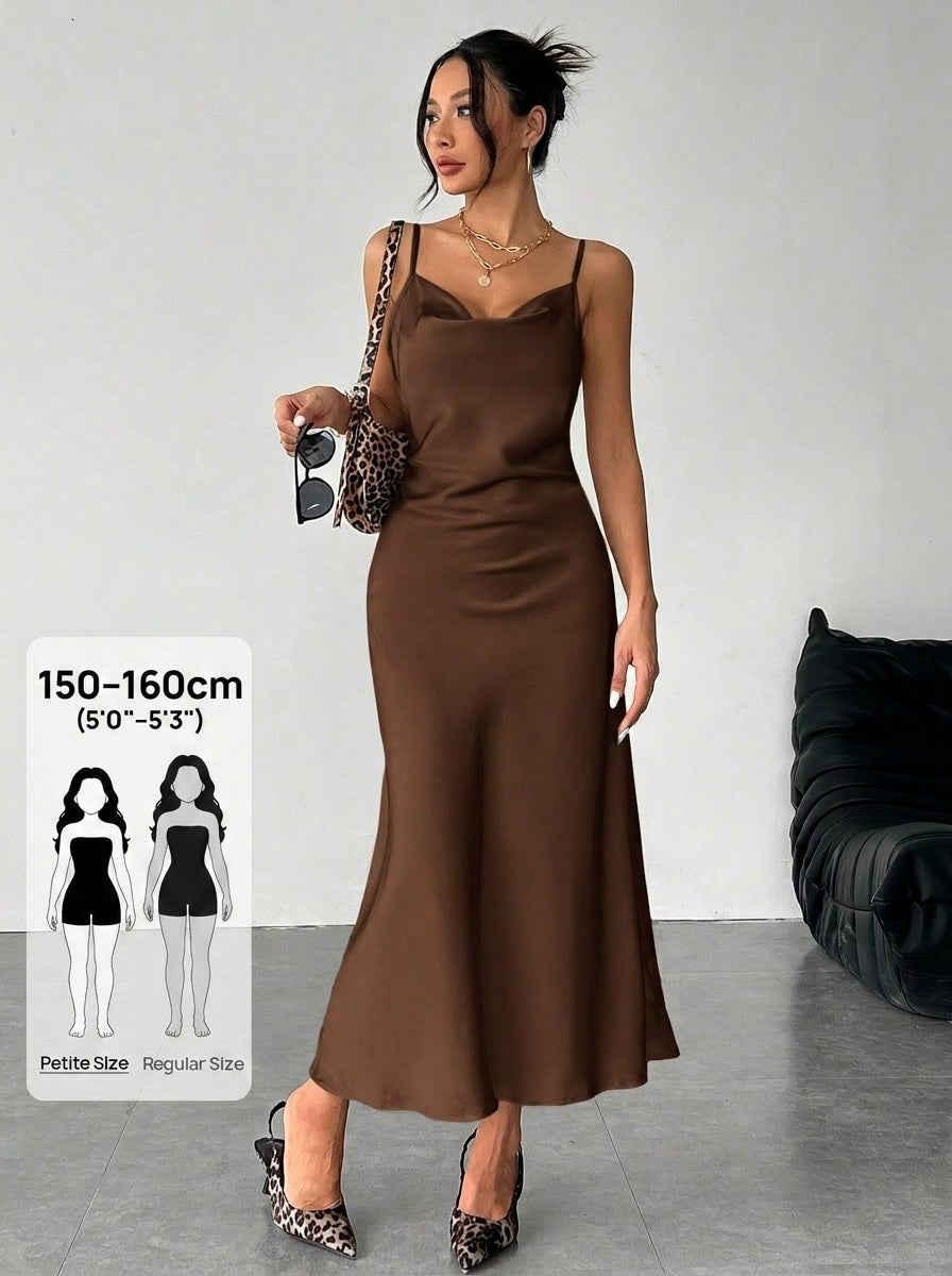 Women's long apricot satin cami dress featuring a draped swing collar, spaghetti straps, backless zipper back, and mermaid hem.