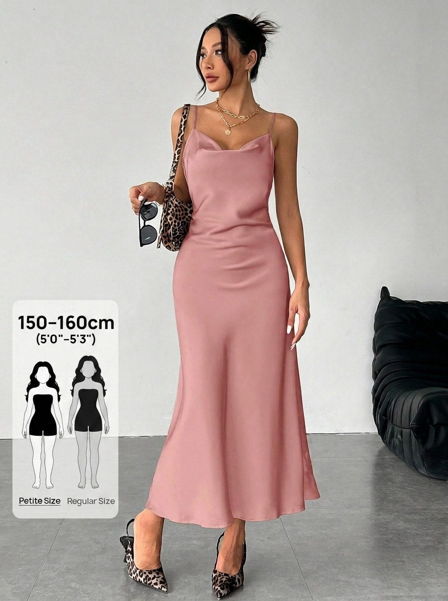 Women's long apricot satin cami dress featuring a draped swing collar, spaghetti straps, backless zipper back, and mermaid hem.