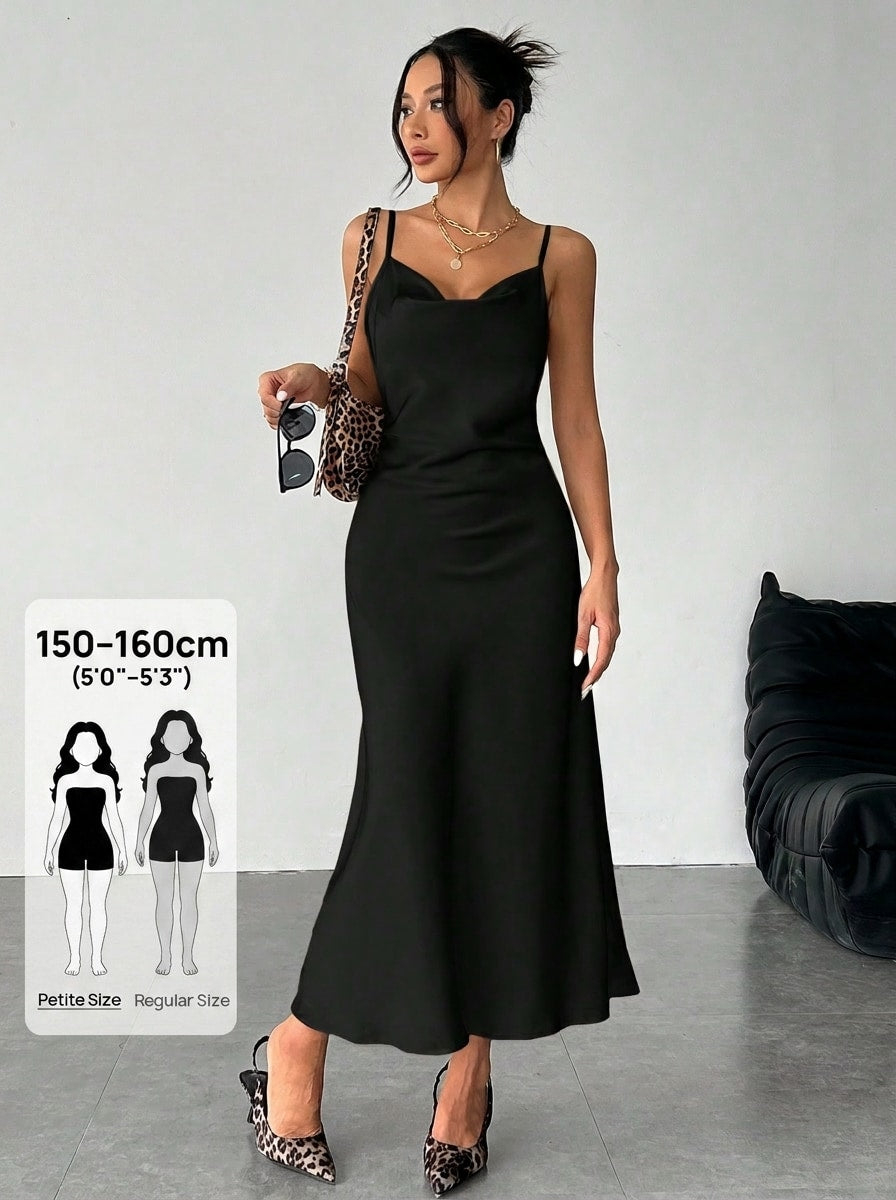 Women's long apricot satin cami dress featuring a draped swing collar, spaghetti straps, backless zipper back, and mermaid hem.