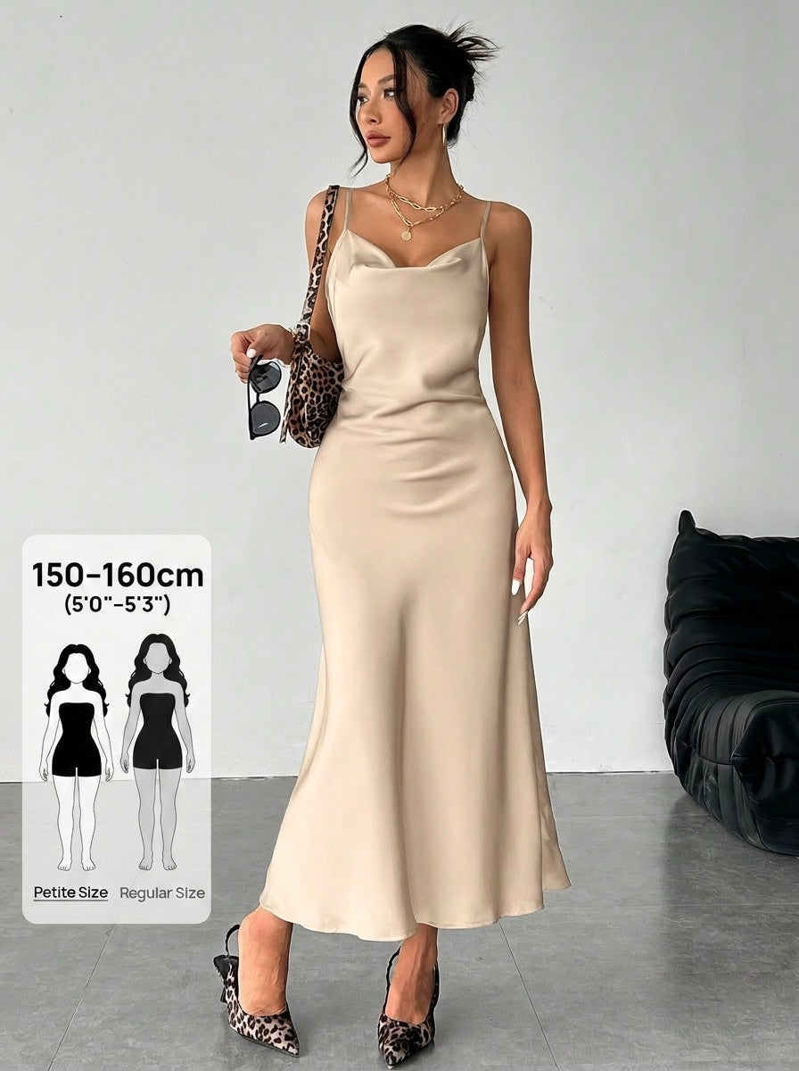 Women's long apricot satin cami dress featuring a draped swing collar, spaghetti straps, backless zipper back, and mermaid hem.