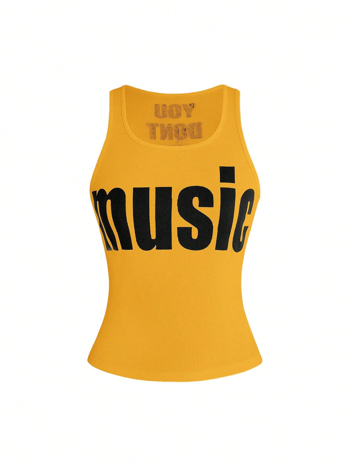 Women's slim fit scoop neck tank top in knitted fabric featuring a bold graphic letter slogan print on the front.