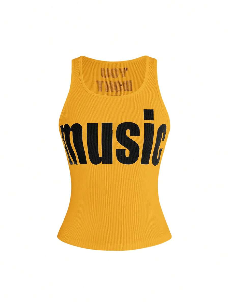 Women's slim fit scoop neck tank top in knitted fabric featuring a bold graphic letter slogan print on the front.