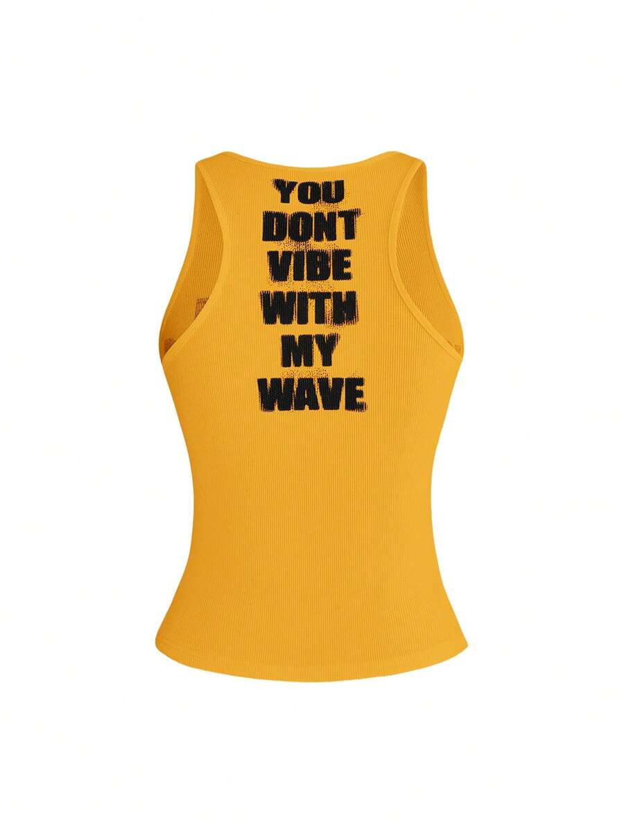 Women's slim fit scoop neck tank top in knitted fabric featuring a bold graphic letter slogan print on the front.