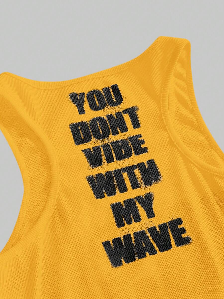 Women's slim fit scoop neck tank top in knitted fabric featuring a bold graphic letter slogan print on the front.