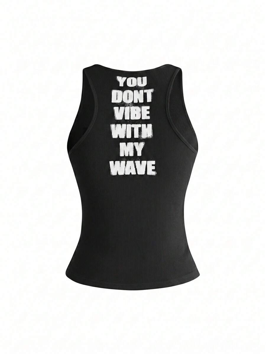 Women's slim fit scoop neck tank top in knitted fabric featuring a bold graphic letter slogan print on the front.