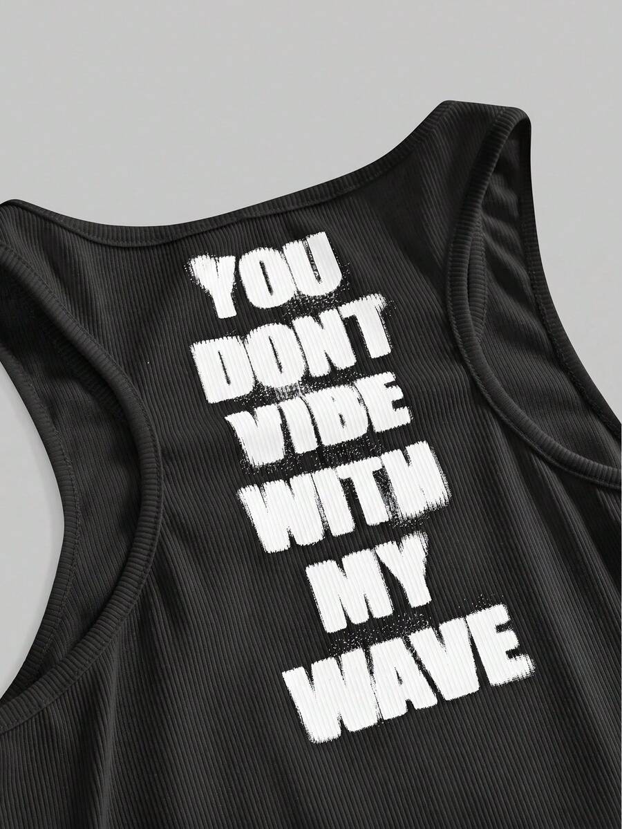 Women's slim fit scoop neck tank top in knitted fabric featuring a bold graphic letter slogan print on the front.