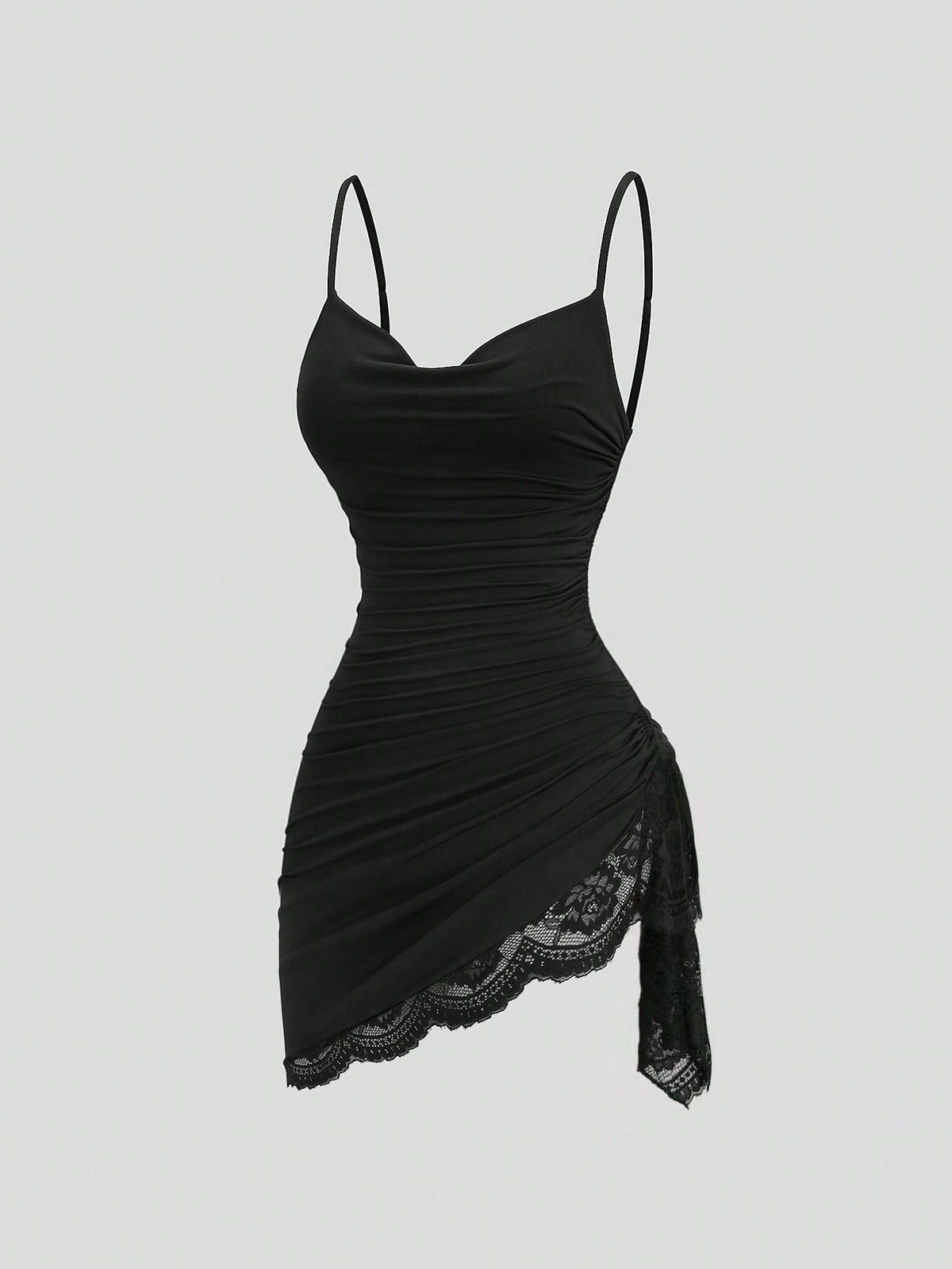Women's coffee cowl neck cami dress with contrast lace patchwork, spaghetti straps, and an asymmetrical hem.