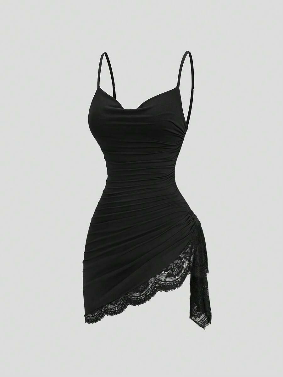 Women's coffee cowl neck cami dress with contrast lace patchwork, spaghetti straps, and an asymmetrical hem.