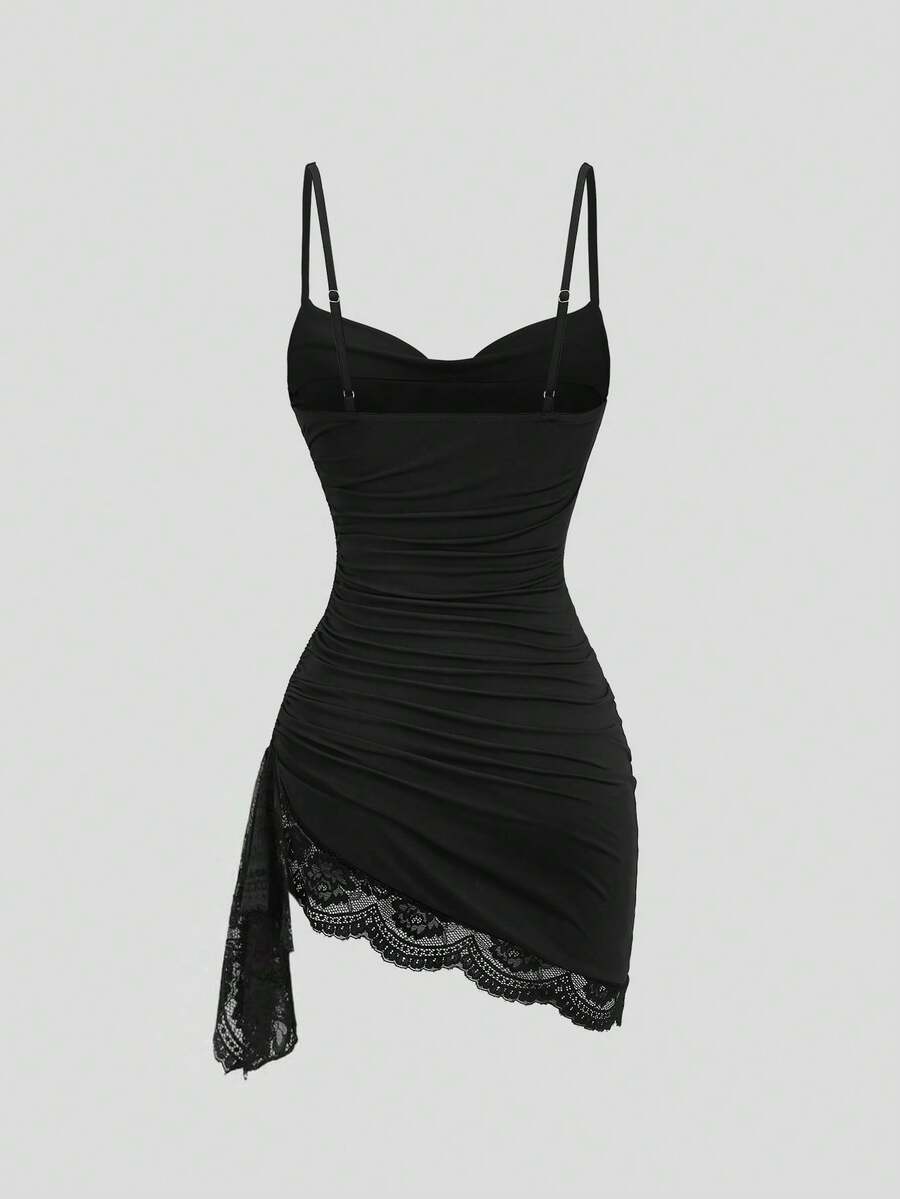 Women's coffee cowl neck cami dress with contrast lace patchwork, spaghetti straps, and an asymmetrical hem.