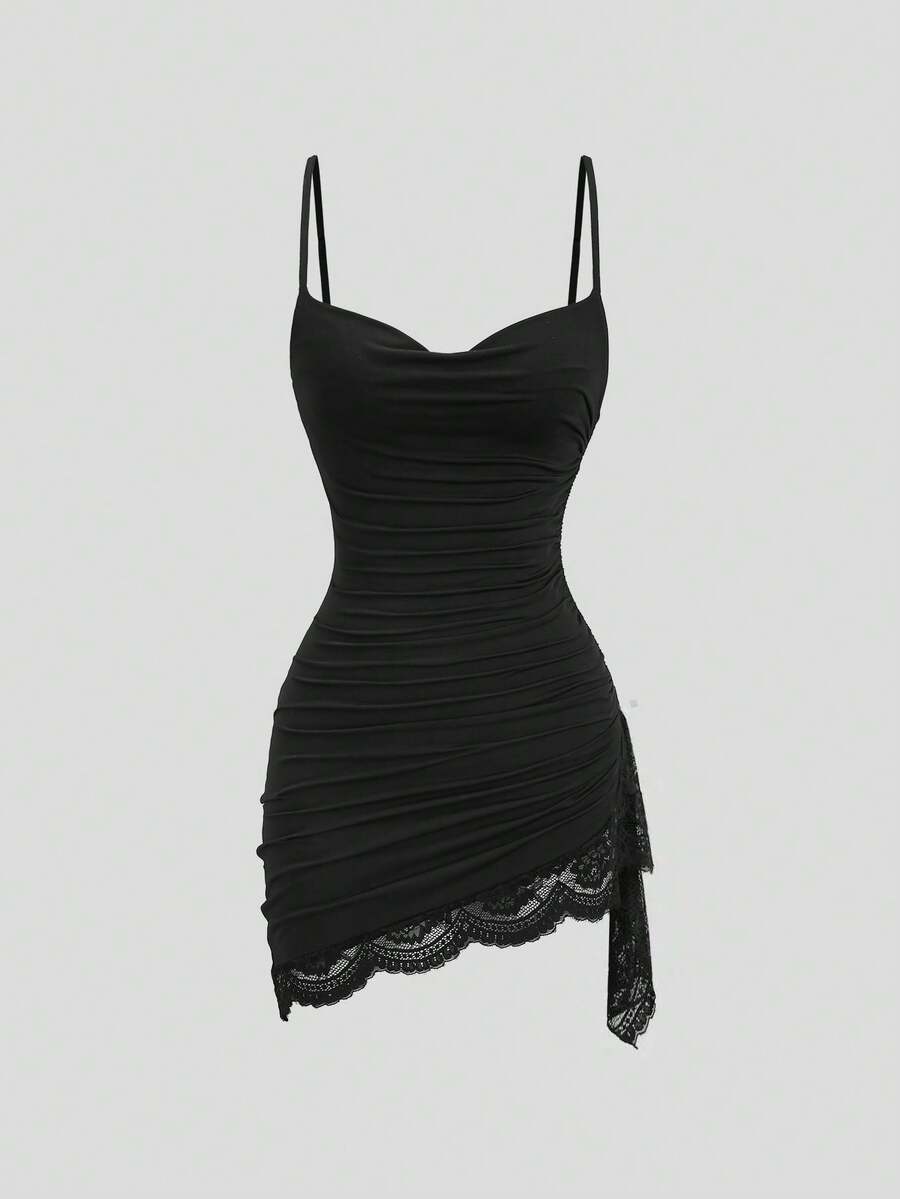 Women's coffee cowl neck cami dress with contrast lace patchwork, spaghetti straps, and an asymmetrical hem.
